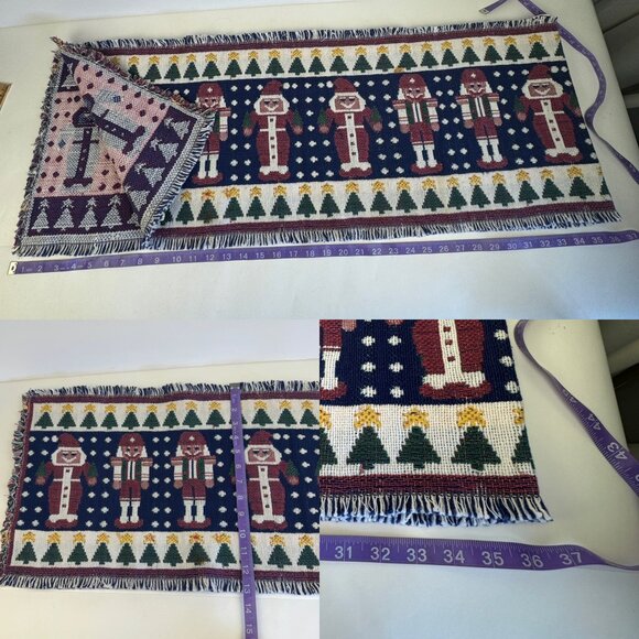 Vtg Woven Christmas Holiday Table Runner Fringe Nutcracker Santa Soldier Rustic - Picture 3 of 10